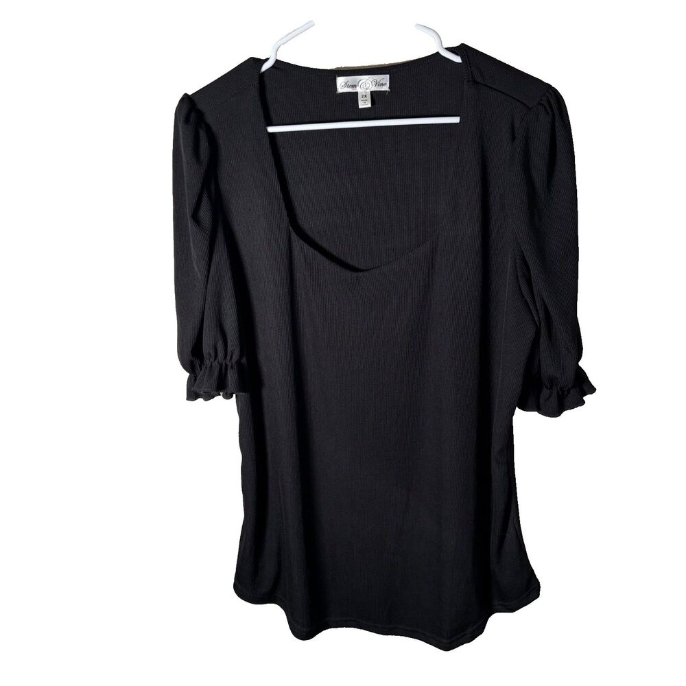Stem & Vine Blouse Women's 2X Ribbed Ruffle Short Sleeve Casual Top Square Neck